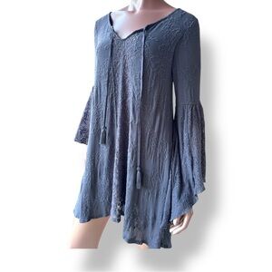 Olivaceous mini dress Blue-Gray VTG embroidery look Bell Sleeve NWT fits XS or S